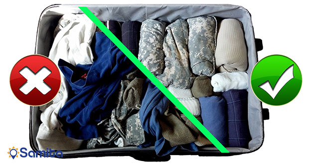 لوله کردن لباس ها در چمدان